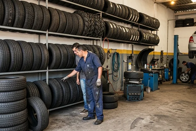 Diferentes tipos de pneus disponíveis em uma borracharia.