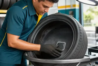 Técnico consertando um pneu em uma borracharia.