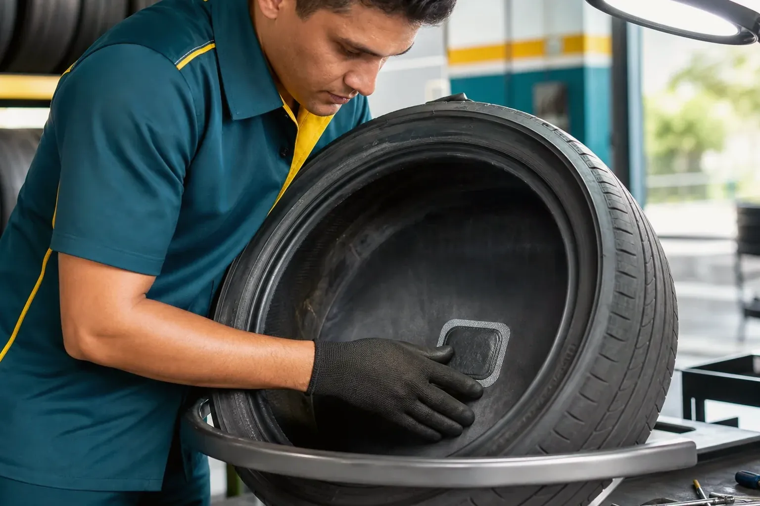 Técnico consertando um pneu em uma borracharia.