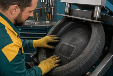 Técnico fazendo vulcanização em um pneu.