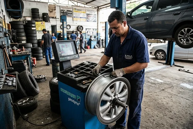 Técnico realizando balanceamento de rodas em um veículo.